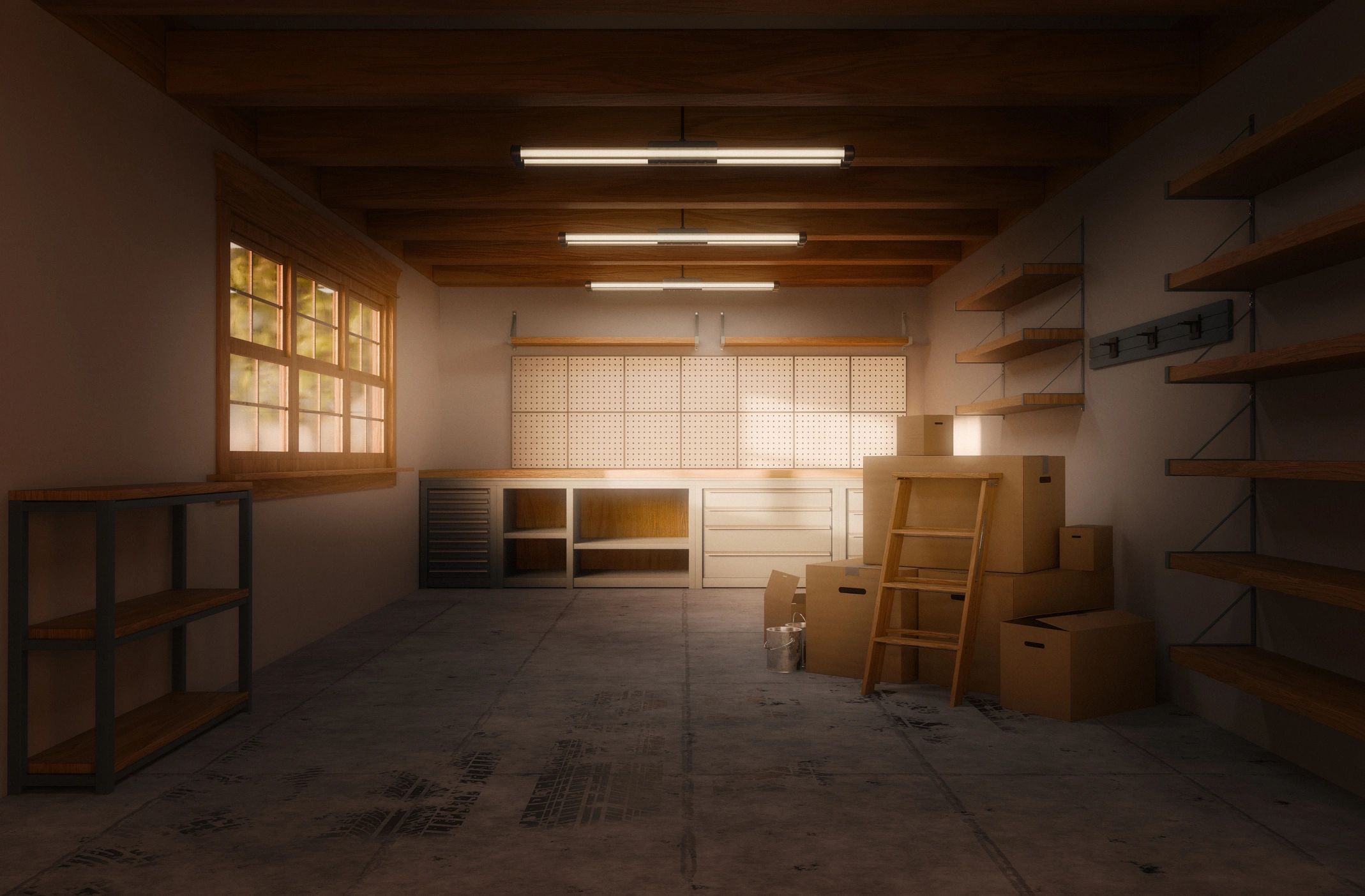 Moving boxes inside an empty garage Moving boxes inside an empty garage
