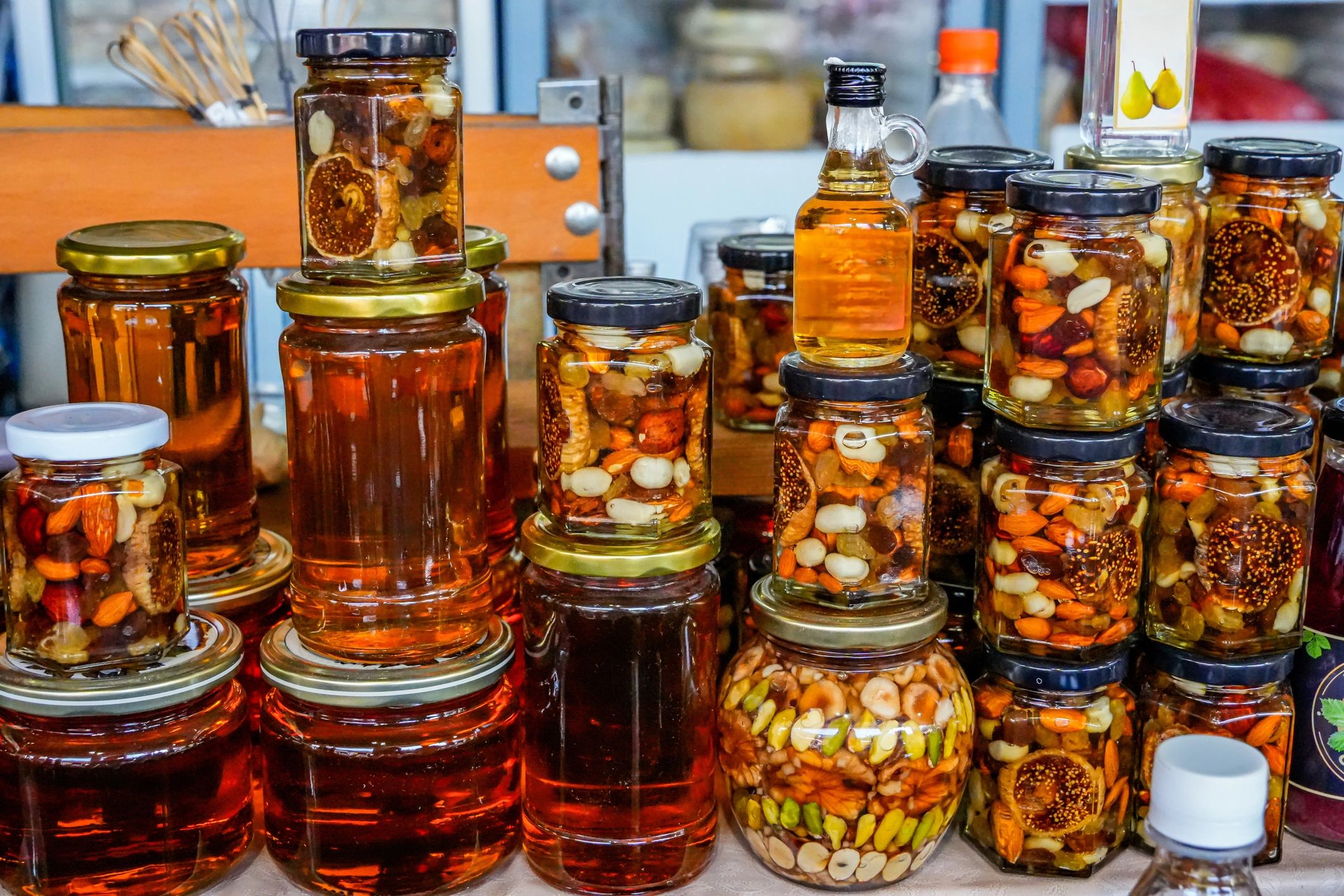 Neatly arranged jars and containers in an organized pantry-style display