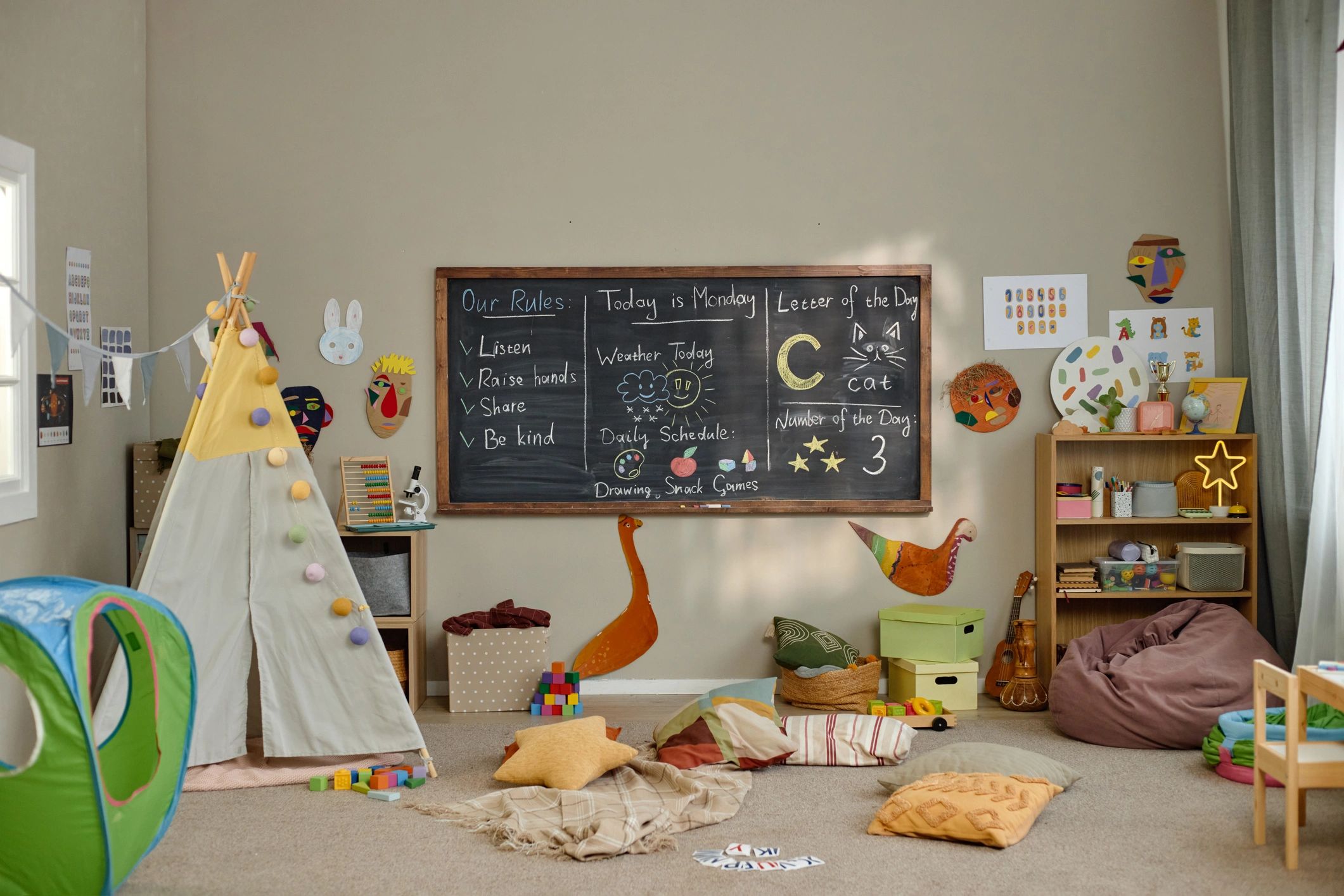 Empty Kindergarten Classroom Displaying Play Area and Educational Decorations Empty Kindergarten Classroom Displaying Play Area and Educational Decorations