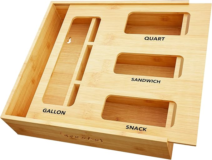 SpaceAid Bag Storage Organizer for Kitchen Drawer Woman unpacking personal belongings and reading book in new home