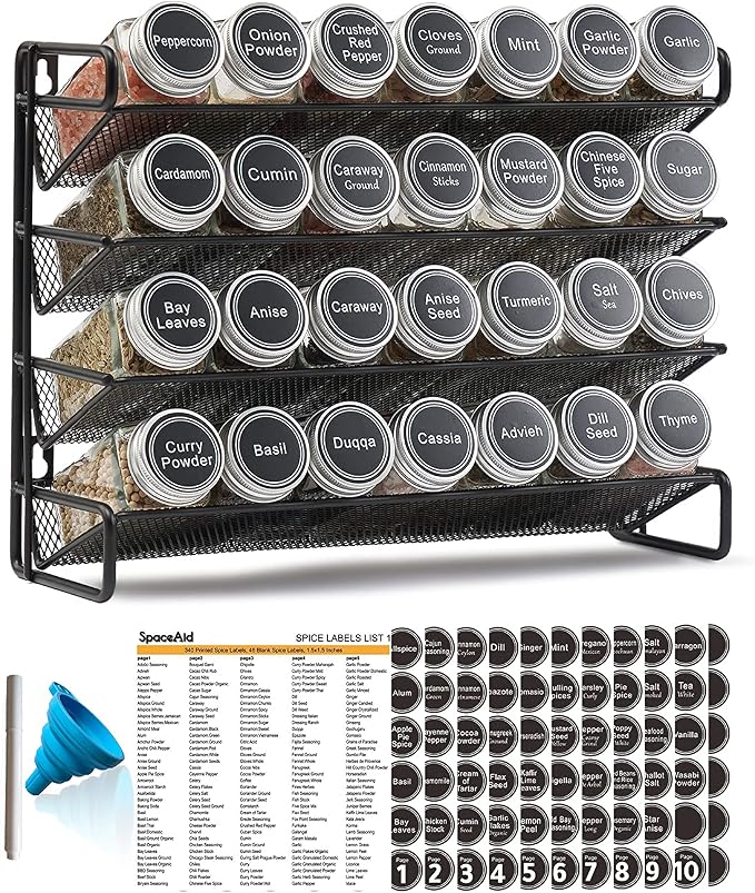 SpaceAid Spice Rack Organizer with 28 Spice Jars Organized kitchen pantry with cylindrical plastic jar for storing loose products, in grey tones