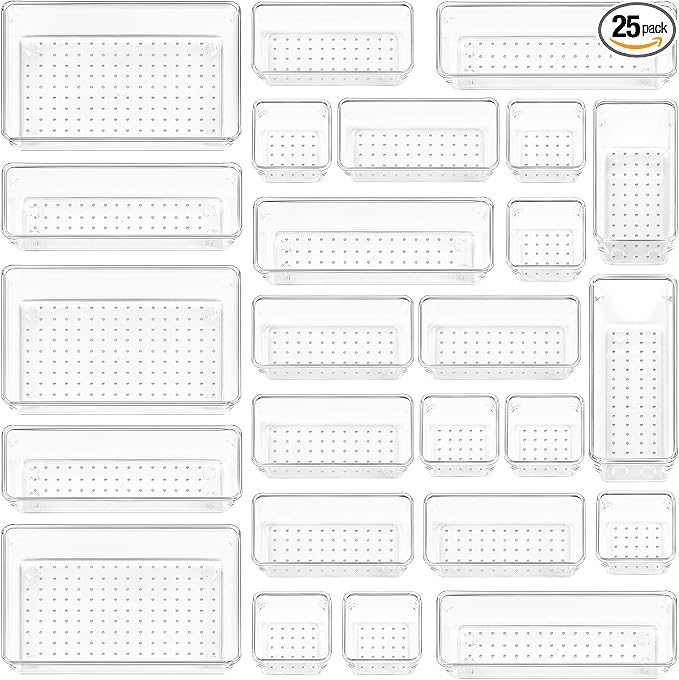 Vtopmart 25 PCS Clear Plastic Drawer Organizers Set Living room with an office table